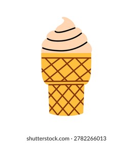 Vector vanilla soft serve ice cream in crispy waffle cone with lattice pattern in flat minimal style. Sweet summer dessert illustration for cafe menu, ice cream shop branding and kids party design.