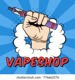 Vector vape shop illustration with hand holding electric tool for vaping. Vapor, electric cigarette, vaporizer e-cig icon. Comics cartoon style.