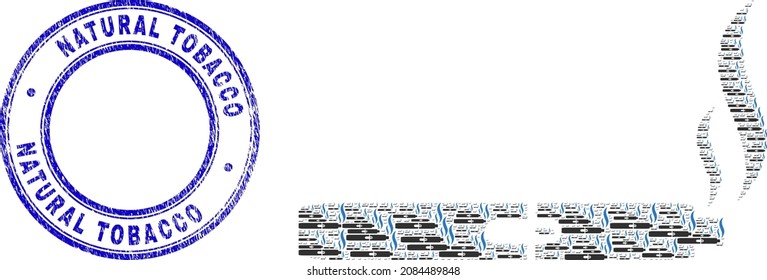 La composición del icono de humo vectorial vape está diseñada con elementos de humo esparcidos recursivos. Humo natural Impresión de sellos redondos azules impuros de tabaco. Composición recursiva del icono de humo de vape.