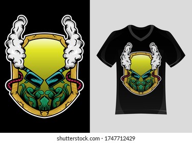 Vector vape smoke tshirt design emblem isolated illustration, shield template for kid leaf background