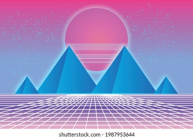 Vector Vaporwave, Retrowave, Synthwave, Retro, Sci-fi Futuristic Background 1980s And 1990s. Digital Landscape Cyber World Wallpaper. For Use As Banner, Invitation, Flyer, And 80s90s Design Cover 