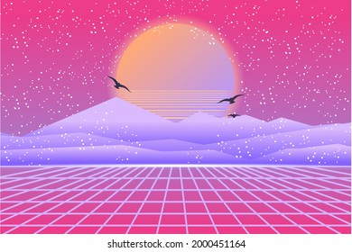 Vector Vaporwave, Retrowave, Synthwave, Retro, Sci-fi Futuristic Background 1980s And 1990s. Digital Landscape Cyber World Wallpaper. For Use Banner, Invitation, Flyer, And 80s,90s Design Cover 11.2