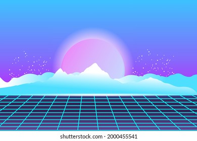 Vector vaporwave, retrowave, synthwave, retro, sci-fi futuristic background 1980s and 1990s. Digital landscape cyber world wallpaper. For use as banner, invitation, flyer, and 80s90s design cover 12