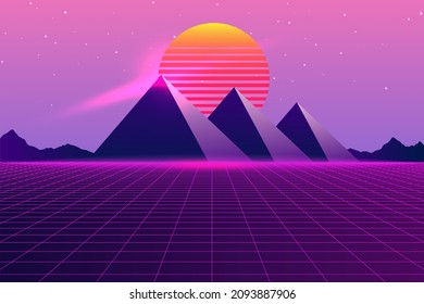 Vector Vaporwave, Retrowave, Synthwave, Retro, Sci-fi Futuristic Background 1980s And 1990s. Digital Landscape Cyber World Wallpaper. For Use As Banner, Invitation, Flyer, And 80s,90s Design Cover 