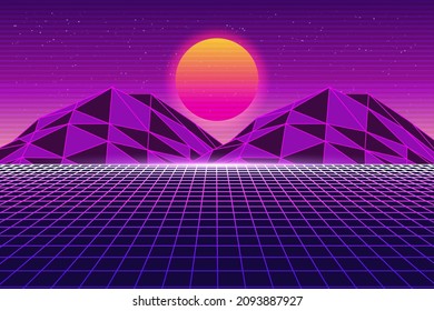 Vector Vaporwave, Retrowave, Synthwave, Retro, Sci-fi Futuristic Background 1980s And 1990s. Digital Landscape Cyber World Wallpaper. For Use As Banner, Invitation, Flyer, And 80s, 90s Design Cover 