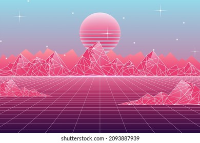 Vector vaporwave, retrowave, synthwave, retro, sci-fi futuristic background 1980s and 1990s. Digital landscape cyber world wallpaper. For use as banner, invitation, flyer, and 80s,90s design cover 