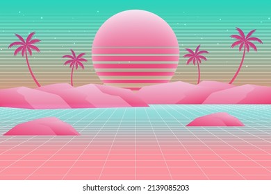 Vector vaporwave, retrowave, synthwave, retro, sci-fi futuristic background 1980s and 1990s. Digital landscape cyber world wallpaper. For use as banner, invitation, flyer, and 80s,90s design cover