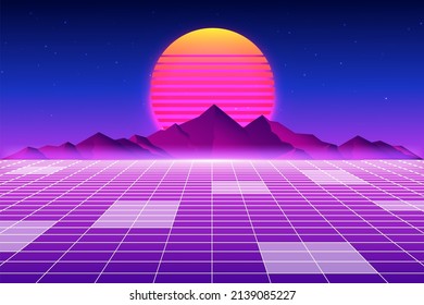 Vaporwave vectorial, retrowave, sintonización, retro, ciencia ficción de fondo futurista de las décadas de 1980 y 1990. Papel de pantalla del cibermundo del paisaje digital. Para usar como banner, invitación, volante y portada de diseño de los 80,90