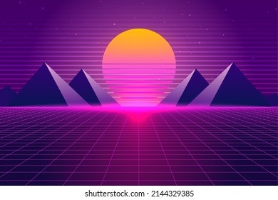 Vector Vaporwave, Retrowave, Synthwave, Retro, Sci-fi Futuristic Background 1980s And 1990s. Digital Landscape Cyber World Wallpaper. For Use As Banner, Invitation, Flyer, And 80s,90s Design Cover