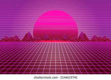 Vector vaporwave, retrowave, synthwave, retro, sci-fi futuristic background 1980s and 1990s. Digital landscape cyber world wallpaper. For use as banner, invitation, flyer, and 80s,90s design cover