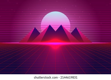 Vector vaporwave, retrowave, synthwave, retro, sci-fi futuristic background 1980s and 1990s. Digital landscape cyber world wallpaper. For use as banner, invitation, flyer, and 80s,90s design cover