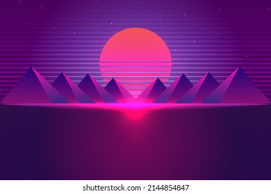 Vector vaporwave, retrowave, synthwave, retro, sci-fi futuristic background 1980s and 1990s. Digital landscape cyber world wallpaper. For use as banner, invitation, flyer, and 80s,90s design cover