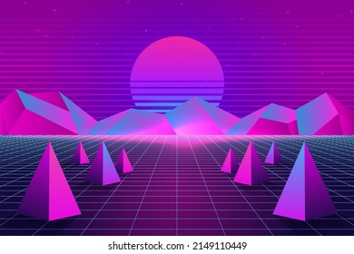 Vector vaporwave, retrowave, synthwave, retro, sci-fi futuristic background 1980s and 1990s. Digital landscape cyber world wallpaper. For use as banner, invitation, flyer, and 80s,90s design cover