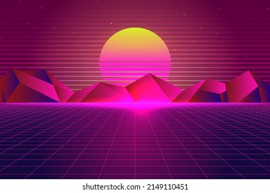 Vector vaporwave, retrowave, synthwave, retro, sci-fi futuristic background 1980s and 1990s. Digital landscape cyber world wallpaper. For use as banner, invitation, flyer, and 80s,90s design cover