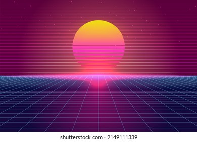Vector vaporwave, retrowave, synthwave, retro, sci-fi futuristic background 1980s and 1990s. Digital landscape cyber world wallpaper. For use as banner, invitation, flyer, and 80s,90s design cover
