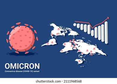 vector of variant COVID-19 named B.1.1.529 omicron. omicron  variant First Identified in South Africa. isometric world map with coronavirus icon and growth chart illustrate omicron case deployment.