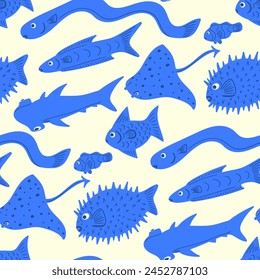 Vector variety blue fishs seamless pattern on white.
