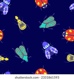 vector variety colorful bugs fantasy seamless pattern on blue