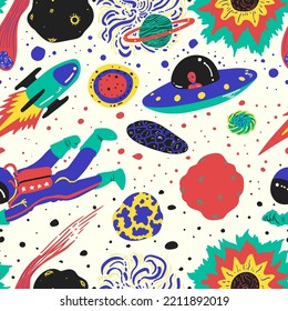vector variety modern colorful doodle flat universe design seamless pattern on white