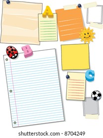 vector variety of vector note pages, papers, magnets and cards for a bulletin board