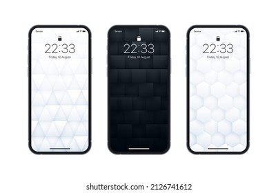 Vector Various Black And White 3D Geometric Minimalistic Wallpaper Set On Photo Realistic Smart Phone Screen Isolated On White Background. Abstract 3D Render Textures Vertical Smartphone Screensavers