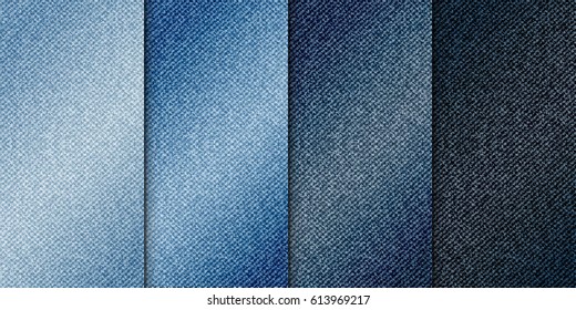 Vector various blue color jeans backgrounds  set vertical banners and blue denim texture  realistic denim cloth illustration 