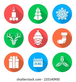 vector various christmas new year flat style white icons set with shadow