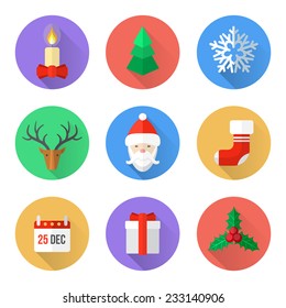 vector various christmas new year flat style color icons set with shadow