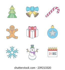 vector various christmas new year outline color icons set with christmas tree, jingle bells, lollipop, gingerbread man, gift box, christmas tree toy, snowflake, snowman, calendar holiday