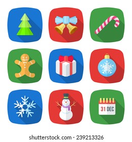 vector various christmas new year flat design icons set with christmas tree, jingle bells, lollipop, gingerbread man, gift box, christmas tree toy, snowflake, snowman, calendar holiday