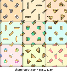 vector various colo coffee paper hot cup donut club sandwich sub sandwich hamburger hot dog pizza slice french fries soda cold drink paper cup straw seamless pattern collection various backgrounds
