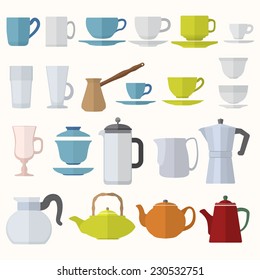 vector various color flat design coffee tea cups and pots set