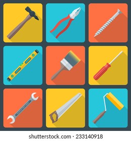 vector various color flat design house repair instruments equipment icons with shadow