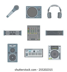 vector various color outline sound dj equipment devices icons set white background 