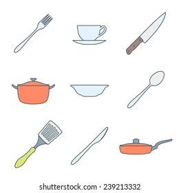 vector various colored outline dinnerware icons set