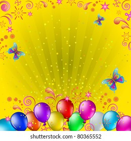 Vector, various coloured balloons, butterflies and confetti on gold background with beams
