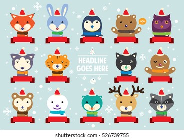 Vector de varios adorables retratos de animales festivos 