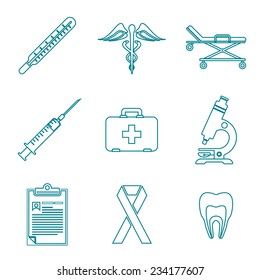vector various dark blue color outline medical icons on white background
