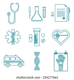 vector various dark blue color outline medical icons on white background