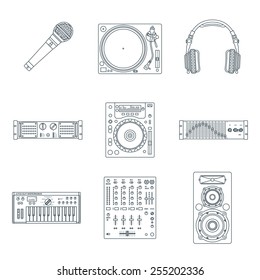 vector various dark outline sound dj equipment devices technical illustration icons set white background