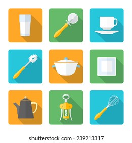 vector various flat design dinnerware tableware utensil icons with shadows