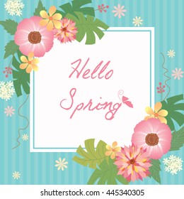 Vector various of flowers decoration with  border frame for spring and summer season on aqua blue background.
