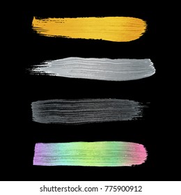 vector various gold silver black pearl colorful artistic hand drawn paint brush realistic texture strokes decoration elements set isolated black background
