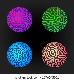 vector various green coral violet blue gradients various organic pattern decoration spheric elements set isolated black background
