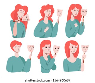 Vector with various human emotions that person hides under a social mask cry, smiling, women, happy, laugh, anger. Pictured is set with women. Concept social restrictions, closed, insincere feelings.