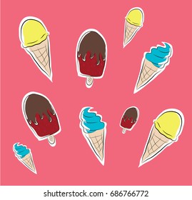 vector various ice cream stickers 
dessert set, summer