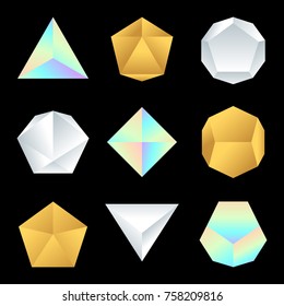 vector various jewelry silver gold pearl gradients colorful various angles of polyhedrons decoration shapes collection isolated black background