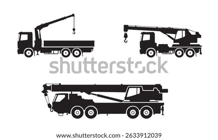 Vector of various kinds and sizes of Crane Truck (Mobile Crane) in silhouette, eps