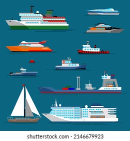 vector of various marine transportation tools with sea illustration background