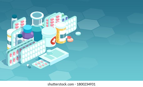 Vector of various meds, pills, capsules, glass bottles with liquid medicine. Drug medication and  supplements set